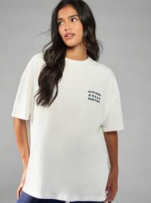 MISSGUIDED Camiseta de entrenamiento motivacional oversize con eslogan "Corre duro, corre rápido", de manga corta, cuello redondo, mezcla de algodón, corte holgado, ropa deportiva casual - Blanco - Ver 2