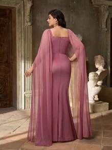 Aureia Plus Size Autumn And Winter Elegant Romantic Lotus Purple Swaying Collar Splicing Large Floating Piece Pleated Pleated Slim Fishtail Hem Suitable For Dinner Holiday Party Date Dance Wedding Event Bridesmaid Dress - Purple - View 5