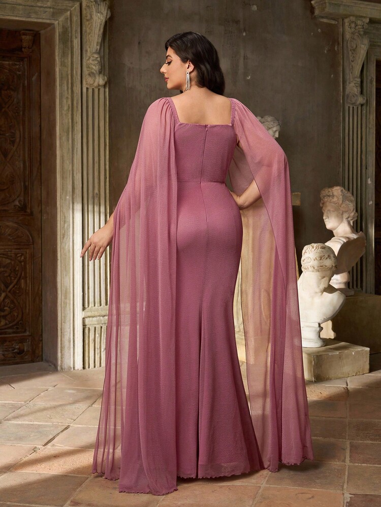 Aureia Plus Size Elegant Romantisk Lavendelfärgad Draperad Halsringning Patchwork Volangklänning Sjöjungfruklänning, Lämplig För Semester, Fest, Dejt, Bal, Bröllop, Brudtärna - Blåröd - Visa 4