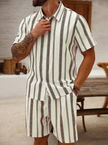 ResortEase Plus Size Men's Casual Striped Shirt And Shorts Set