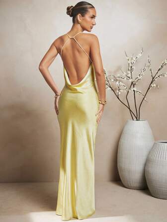 L'Amorae Elegant Butter Yellow Satin Backless Cowl Detail Maxi Dress