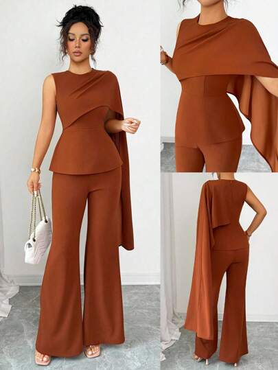 Elenzga Elegante y chic Conjunto de 2 piezas: Blusa corta con cuello redondo y mangas acampanadas con pliegues delanteros y pantalones acampanados, tela cómoda para múltiples ocasiones