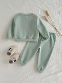 Loomiva 2 件套男婴字母图案针织柔软圆领长袖运动衫和松紧腰裤套装 - 杏色 - 查看 2