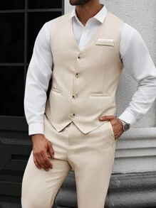 Manfinity Mode Men's Plus Size V-Neck Sleeveless Button Pull-Down Vest And Slim Fit Dress Pants Set - Apricot - View 6