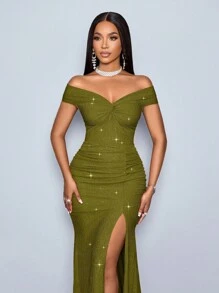 SOLERSUN 适合圣诞派对度假和约会优雅的勃艮第优雅扭曲露肩露背肩带高开叉美人鱼连衣裙，带有金属光泽的超长女士服装