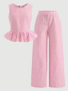 Tween 女童粉色条纹宽松休闲无袖圆领梭织衬衫搭配梭织宽松阔腿裤两件套 - 粉色 - 查看 9