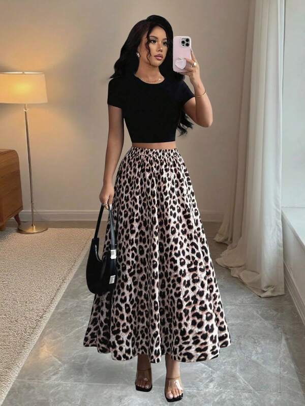 SHEIN Tall Women's Leopard Print Elastic Waist Versatile Skirt Maillard Style Casual Outfits Spring