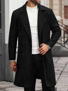 Manfinity CasualCool Men's Plus Size Solid Color Pocket And Button Front Long Sleeve Coat, Autumn Clothing