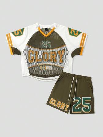 Prep Conjunto de camiseta deportiva de manga corta con parches de malla y estampado de letras, y pantalones cortos con cordón en la cintura para hombres