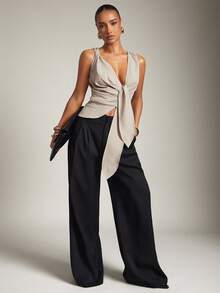 Hauture 女式休闲时尚褶皱 V 领无袖背心 - 卡其色 - 查看 3