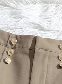 SHEIN Clasi Women's Fashionable Elegant Minimalist Decorative Button A-Line Practical Pocket Versatile Solid Color Shorts, Spring/Summer - Khaki - View 3