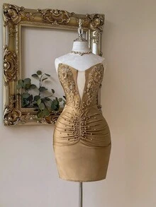 Lovelzi Bộ đồ bơi co giãn dệt kim sang trọng, thanh lịch và lộng lẫy với họa tiết đính cườm 3D tinh tế, đường xẻ tà gợi cảm, phù hợp cho đám cưới, tiệc độc thân, dạ hội, váy ngắn nữ (kiểu dáng cao cấp), ngày Valentine. - Màu Khaki - Xem 3