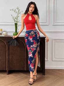 EastFlair 女式无袖镂空修身短款上衣和开衩下摆迷你裙两件套