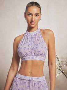 L'Amorae 女士紫色花卉印花优雅半身裙 - 淡紫色 - 查看 5