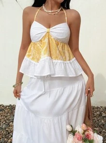 Sunnyshic 女士夏季度假休闲佩斯利拼布细肩带吊带背心 - 黃色 - 查看 3