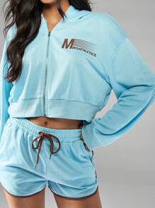 MISSGUIDED Áo hoodie ngắn tay có khóa kéo MGathletics mặc ở nhà ấm áp mùa đông thiết yếu phong cách đường phố cổ điển nhẹ nhàng thoải mái thường ngày lấy cảm hứng từ thời trang mùa thu xuân - Màu xanh lam - Xem 3