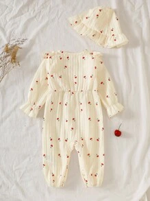 SHEIN 2件套女婴春/秋季樱花印花休闲时尚可爱连体衣+帽子套装 - 杏色 - 查看 2