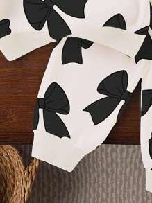 Baby Girls' Vintage Bow Print Crew Neck Sweatshirt And Sweatpants Cute Black & White 2-Piece Set, Autumn/Winter Fall - Black - View 3