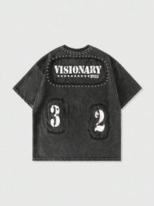 ROMWE MEN Street Life 男式做旧拼接铆钉印花水洗T恤 - 黑色 - 查看 1