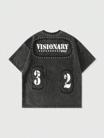 Street Life T-shirt lavé pour hommes avec imprimé rivet et patchwork délavé