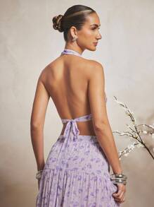 L'Amorae 女士紫色花卉印花优雅半身裙 - 淡紫色 - 查看 2