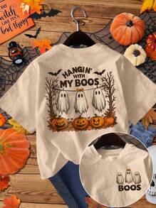 EMERY ROSE Plus Size Halloween Ghost & Pumpkin Print Round Neck Short Sleeve T-Shirt, Casual Summer - Apricot - View 1