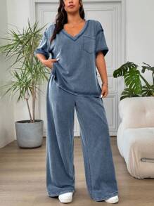 SHEIN EZwear Bộ 2 món Áo thun xanh thường ngày và quần dài, size lớn cho nữ - Màu xanh lam - Xem 1