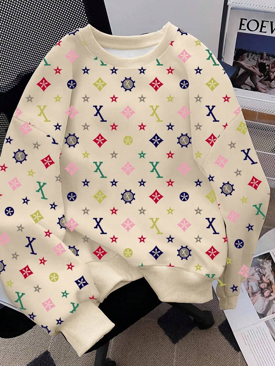 Manfinity Dauomo 男士全身印花长袖休闲套头圆领运动衫，秋季 - 卡其色 - 查看 1