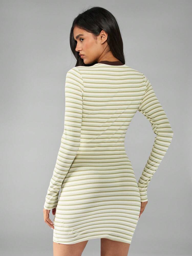 MISSGUIDED Striped Long Sleeve Ribbed Knit Mini Dress Form Fitting Bodycon Winter Fall Spring Everyday Essential Basic Fashion Crew Neck College Style