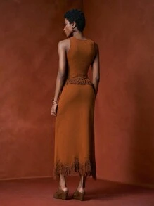 Zivah Bộ trang phục 2 món mới Xuân/Hè 2025: Áo crop top đan tua rua không tay và chân váy đan tua rua dài đến giữa, đa năng cho Lễ hội âm nhạc, Lễ Phục sinh, Ngày Thánh Patrick, Phong cách miền Tây, Du mục, Tiệc sinh nhật, Tốt nghiệp, Đại học, Trang phục hàng ngày, Thường ngày, Kỳ nghỉ, Du ngoạn, Bãi biển, Tắm nắng, Phong cách đường phố, Khách dự tiệc cưới - Cà phê nâu - Xem 2