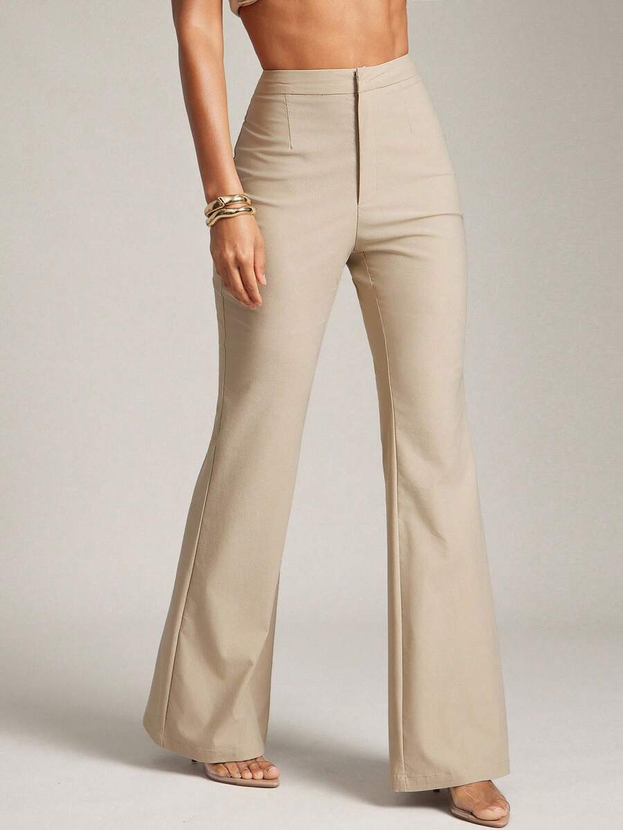 Hauture Old Money Sexy Business Casual Office Solid Flare Leg Pants For Women Elegant High Waist, Chic Professional Trousers, Vintage-Inspired Workwear Style
