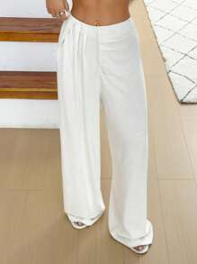 SHEIN EZwear 女士休闲纯色褶皱不对称腰部阔腿裤 - 杏色 - 查看 5