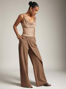 Hauture Old Money Sexy Business Casual Ruched Shoulder Gold Detail Cowl Neck Top Elegant Sleeveless Office Blouse, Professional Workwear, Chic Evening Fashion