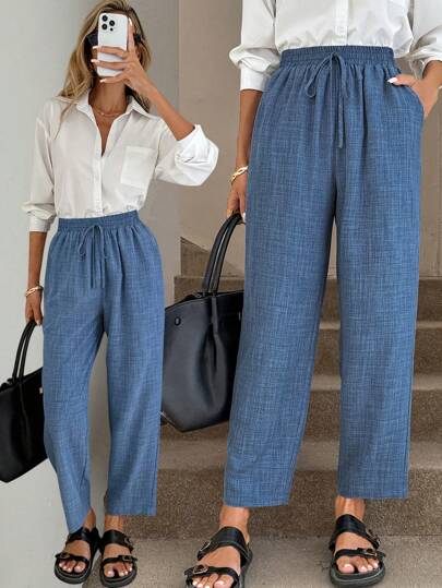 Easowa Pantalones ajustados de cintura elástica para maestras, de tela bicolor azul, para volver a la escuela, negocios casuales, oficina, salir, aeropuerto y volver a la escuela