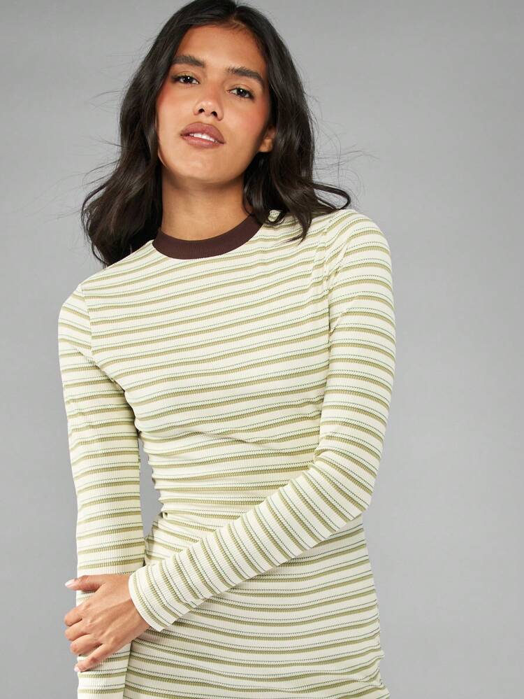 MISSGUIDED Striped Long Sleeve Ribbed Knit Mini Dress Form Fitting Bodycon Winter Fall Spring Everyday Essential Basic Fashion Crew Neck College Style