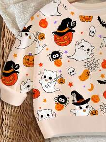 SHEIN 万圣节女婴休闲简约南瓜、幽灵、心形、骷髅、蝙蝠图案圆领套头衫，适合秋冬万圣节 - 彩色 - 查看 5