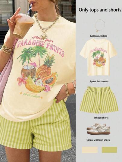 EMERY ROSE 2pcs Women Casual Printed Round Neck Short Sleeve Top And Striped Shorts Set