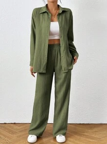 SHEIN PETITE Bộ 2 món áo sơ mi và quần trơn màu thường ngày dành cho nữ - xanh quân đội - Xem 5