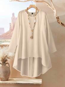 Rusticease 2pcs Set Apricot Long Sleeve Top & Abstract Autumn Leaf Print Loose Pants, Women Casual Round Neck Long Sleeve Top And Trousers Suit, Suitable For Summer, Early Autumn, Party, Old Money Style Autumn And Winter - Multicolor - View 3