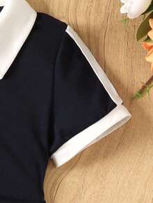 Váy chữ A tay ngắn họa tiết nơ xếp ly cổ màu tương phản phong cách thường ngày cho bé gái, trang phục trở lại trường - Màu xanh hải quân - Xem 5