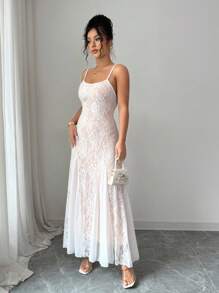 Rafferiza Elegant Women's Full Lace White Summer Dress,Fishtail Clashing Hem Design Wedding Guest Dress With Flesh Lining For Dining - White - View 5