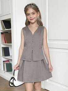 青少年女孩优雅纯色深灰色无袖西装外套和裙子两件套