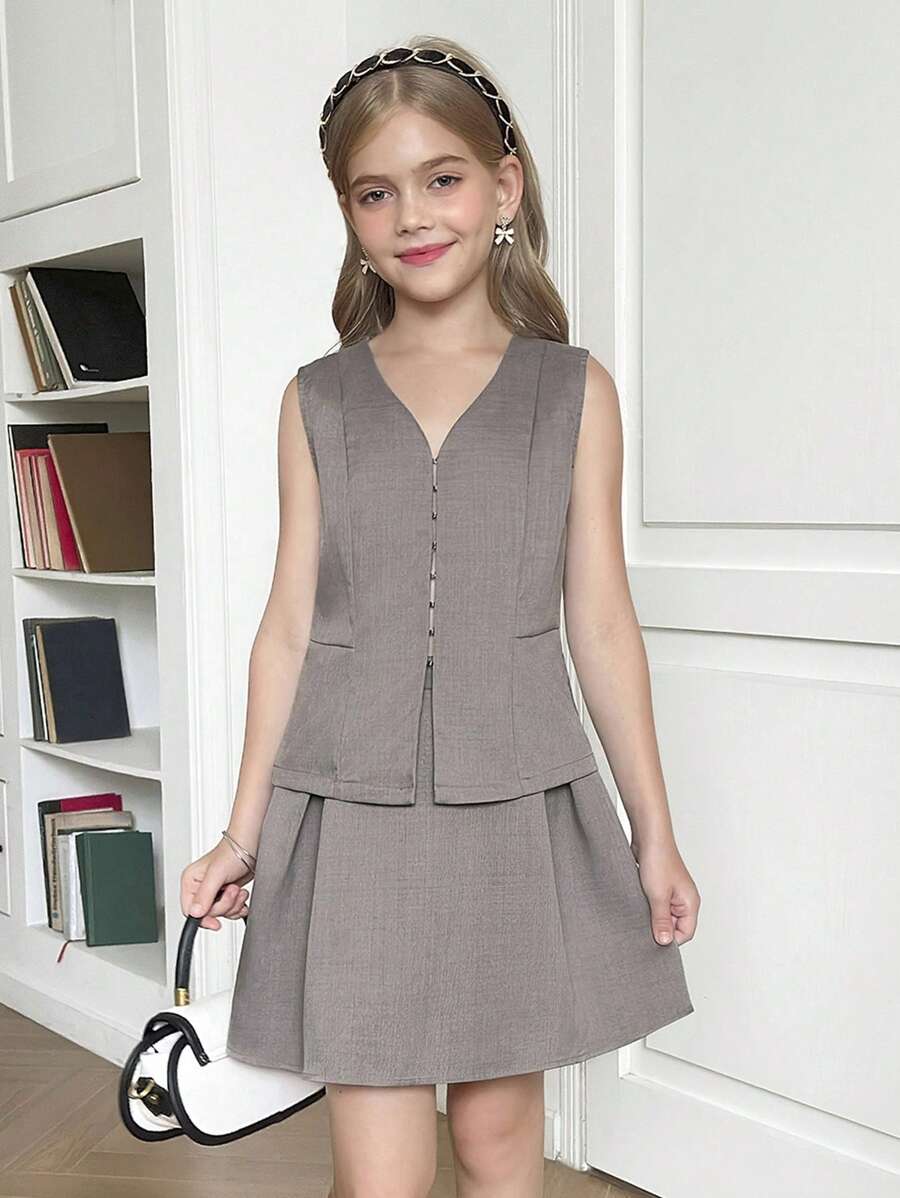 青少年女孩优雅纯色深灰色无袖西装外套和裙子两件套