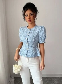 Elenzga 女士优雅修身荷叶边纹理衬衫 - 藍色 - 查看 3