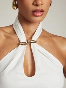 Hauture Áo hở lưng kim loại màu trơn gợi cảm cho nữ, phong cách thường ngày, phù hợp với văn phòng - trắng - Xem 2