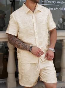 Manfinity Homme 2pcs/Set Plus Size Men's Solid Color Front Button Short Sleeve Shirt And Pocket Shorts Set - Apricot - View 1