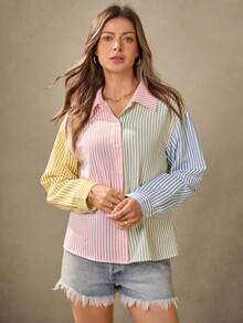 Wildy Fall Country Chic Women Clothes Pink Butter Yellow Blue Blouse Women's Casual Button Up Shirt Women Stripe Blouse Everyday Contrast Striped Zip-Up Long Sleeve Shirt Preppy Tops Business Casual Striped Blouse  Western Wear Women Stripe Shirt Back To School Fashion Christmas Clothes Button Down Blouses For Women - Pink - View 6