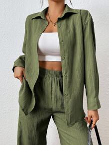 SHEIN PETITE Bộ 2 món áo sơ mi và quần trơn màu thường ngày dành cho nữ - xanh quân đội - Xem 6