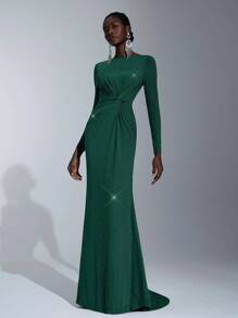 Elitara 纯色扭结长袖伴娘晚礼服，女士正式舞会礼服优雅舞会婚礼宾客礼服，适合毕业典礼、晚宴派对礼服