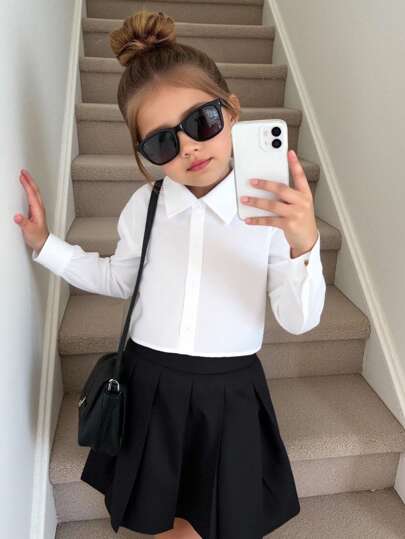 Camisa blanca de manga larga ajustada con cuello vuelto de unicolor, versátil y casual para niñas jóvenes, de vuelta al colegio, tops de verano, ropa de niña joven, top de muñeca, camisa blanca, tops de manga larga, tops lindos, temporada de vuelta al colegio, a juego con mamá e hija y hermanas